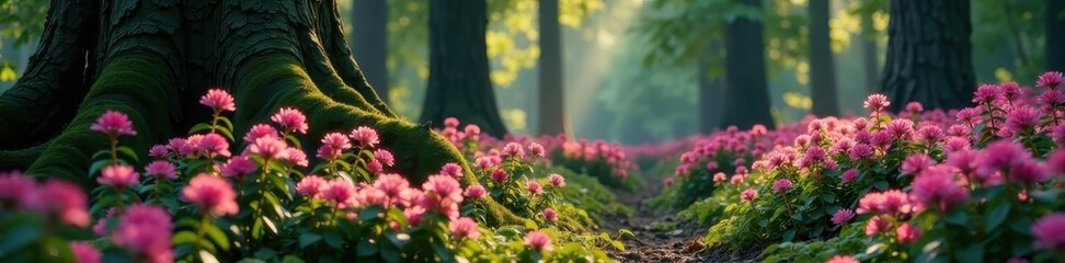 Pink heather blossoms amongst ancient trees, deep forest setting , nature, photography