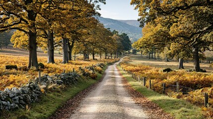 Naklejka premium Country lane lined with autumn trees.