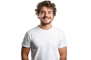 Obraz premium Friendly smiling young man with curly hair and casual white t-shirt posing confidently isolated on white background for lifestyle and portrait photography