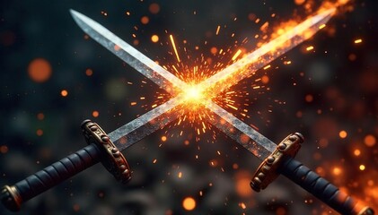 Intense close-up shot of two clashing swords, sparks flying, depicting the ferocity and energy of a battle Ideal for games, fantasy, history, and action-themed projects , swords, destruction