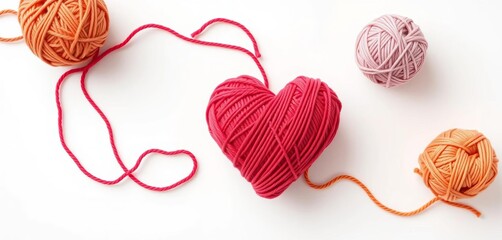 Heart-shaped yarn ball and thread, white background, vibrant, thread