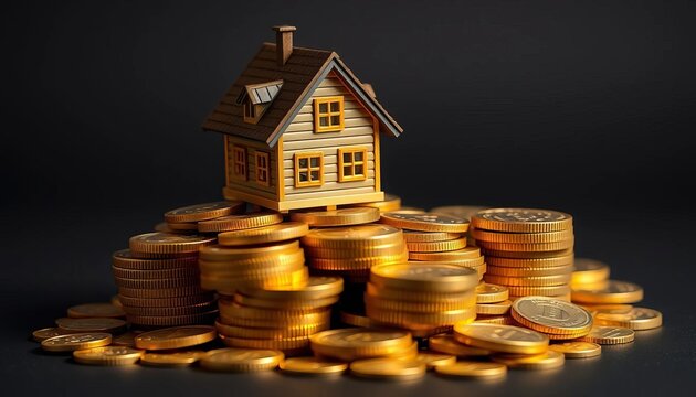 Miniature house atop stacks of gold coins, ample negative space,  background, market