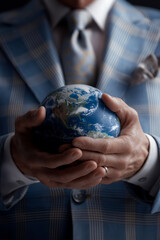 A professional businessman in suite holding a mini earth globe in his hands, Business responsible environmental, social and governance protect the world
