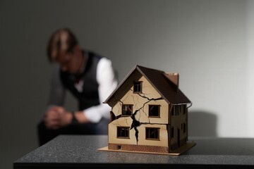 Cracked model house with a caucasian male in the background reflecting home damage concerns Understanding insurance