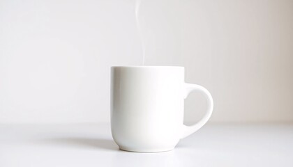 Steaming white mug on a white surface