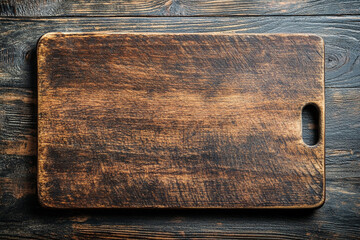 A well-used wooden cutting board with a natural rustic texture, placed on an aged, weathered wooden surface.
