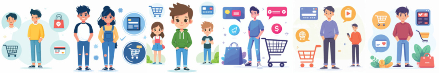 Cartoon Characters with Online Shopping and E-Commerce Icons – Flat Digital Lifestyle Illustration