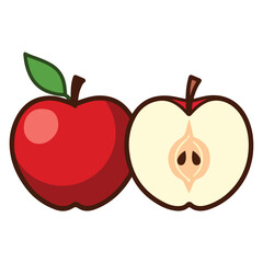 Cute Red Apple and Cross Section – Flat Cartoon Fruit Illustration
