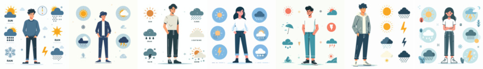 Cartoon Characters with Weather Icons – Flat Weather Forecast and Climate Condition Illustration