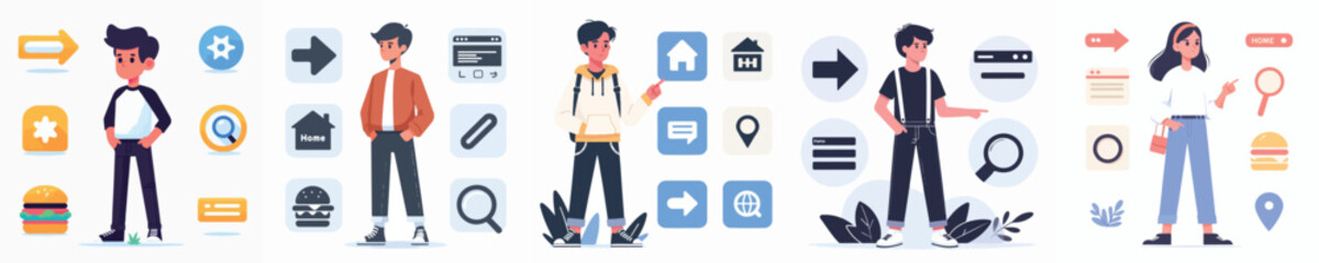 Cartoon Characters with User Interface Icons – Navigation and Web UI Elements