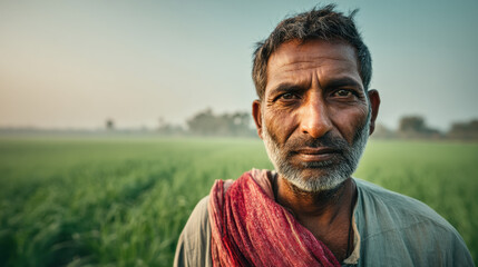 Fototapeta premium Indian farmer standing in his agricultural field. Rural Indian farmer standing in green field with traditional clothing and serious facial expression