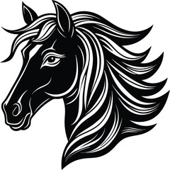 Elegant Black Silhouette of Horse Head with Flowing Mane, Detailed Vector Illustration