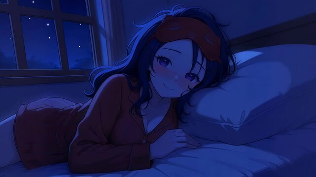Cute and sleepy anime girl on bed, anime wallpaper