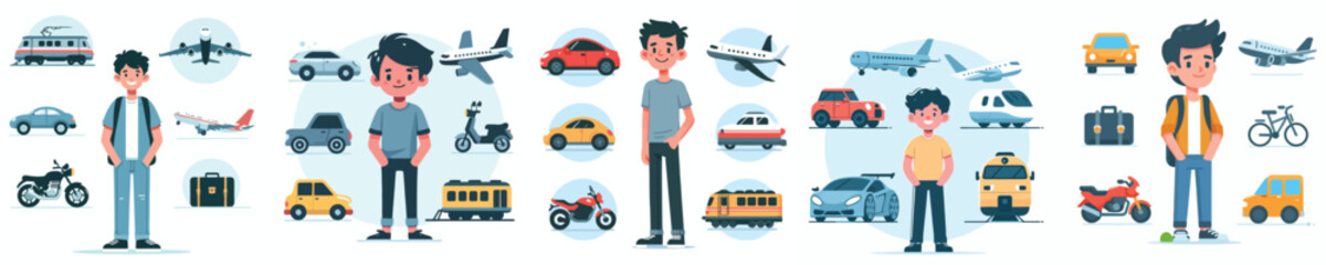 Cartoon Characters with Various Transport and Travel Icons – Planes, Trains, Cars, and Bikes