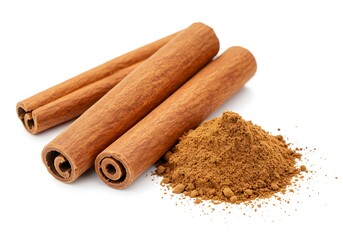 Cinnamon sticks and powder isolated on white background