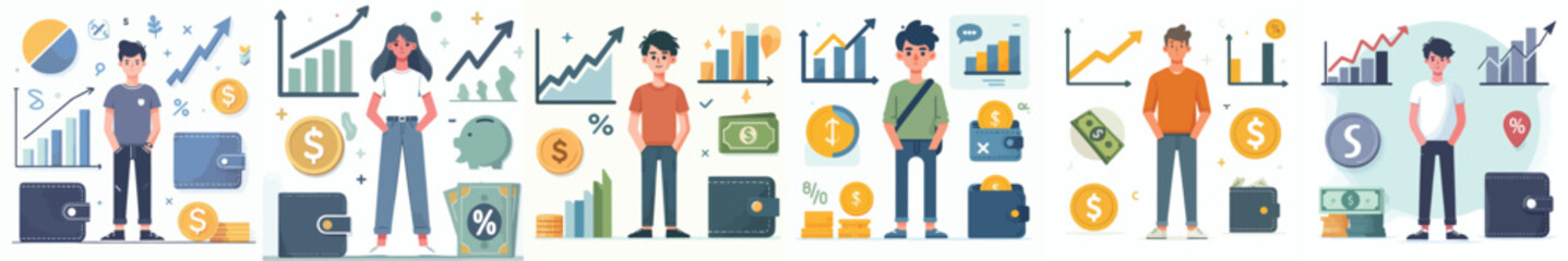 Cartoon Characters with Finance and Economy Icons – Growth, Money, Wallet, and Investment Charts

