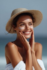 Woman enjoying spa at beach with sunscreen glowing on her skin.