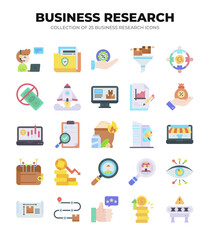 Collection of Business Research Icons. 25 Flat Design Icons for Market Analysis