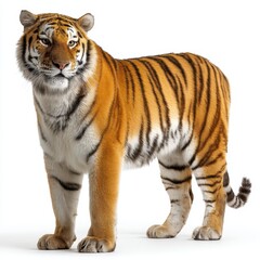 Fototapeta premium A majestic adult tiger stands confidently on a white background, displaying its powerful build and striking orange and black stripes.