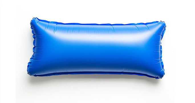 Inflatable blue rectangular pillow on a white background, top view