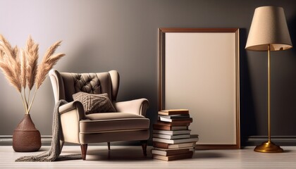 cozy vintage armchair with stack of books and empty frame next to a floor lamp in a monochrome room