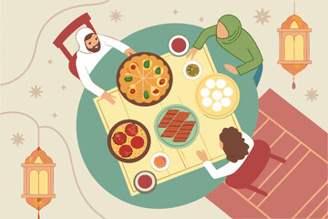 Traditional Eid al-Adha Feast with Biryani and Sweets , Family iftar dinner during ramadan, top view of muslim people eating together at a table with traditional food and lanterns
