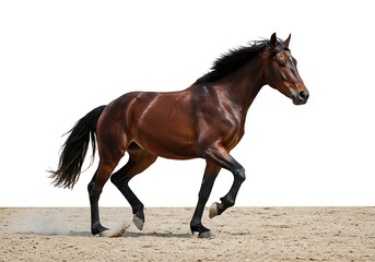 Obraz premium Galloping Bay Horse on Sand Isolated on White Background