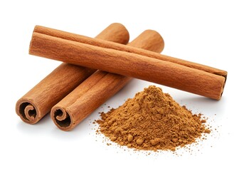 Cinnamon sticks and powder isolated on white background