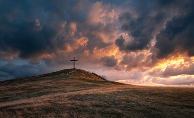 Cross Silhouette on Hilltop Against Dramatic Sunset Sky Symbolizing Faith and Hope