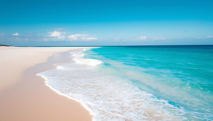 Turquoise ocean washing onto shore with expansive sky