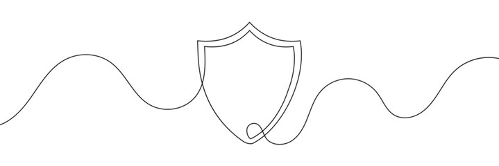 Shield continuous line art. Guard drawing sign. Protect linear symbol. Vector isolated on white background.