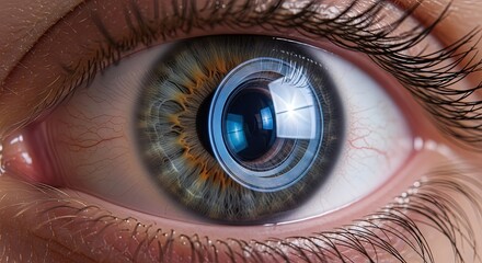 Close-up of human eye with detailed iris and contact lens  