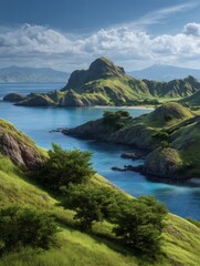 Fototapeta premium A serene, rocky coastline with green slopes that meet the blue sea. Perfect for hiking and exploring nature.