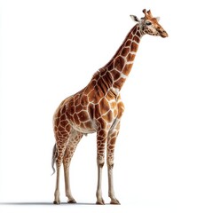 Obraz premium A tall giraffe stands on a white background, showcasing its long neck and distinctive patterned coat.