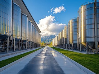 Large stainless steel wine tanks are neatly arranged alongside an empty road creating a serene atmosphere amidst green grass and a bright blue sky dotted with fluffy clouds