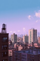 Cityscape at Dawn: A sprawling cityscape awakens as the sun paints the sky with soft hues, capturing the tranquility of a new day. High-rise buildings and urban landscape dominate the scene.