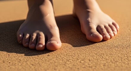 Close-up of bare feet standing on sandy beach during daylight  