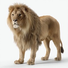 Obraz premium A majestic male lion stands confidently, showcasing its thick mane and powerful build against a plain background.