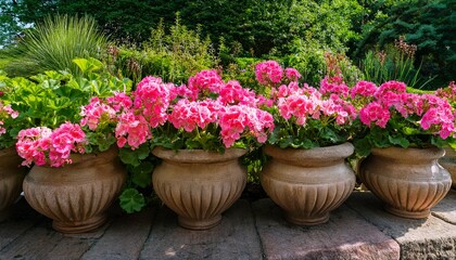 bright pink geraniums blooming in stone pots along the edge of a vibrant outdoor garden bed filled with greenery