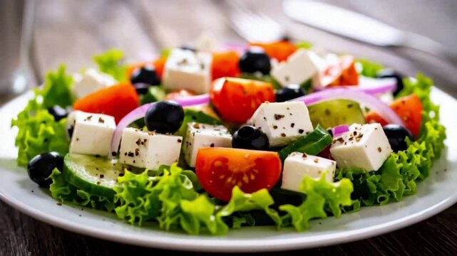 A Rotating Plate of Greek Salad with Cucumbers, Olives, Tomatoes and Feta Cheese