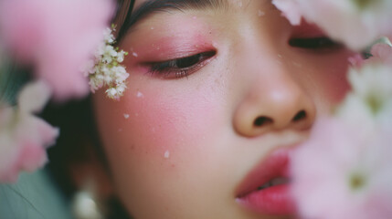 Close-Up Portrait with Pink Makeup and Flower Accents