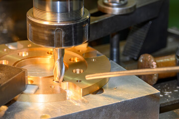 The hole counterbore process the brass material parts on NC milling machine by flat nose end mill tools.