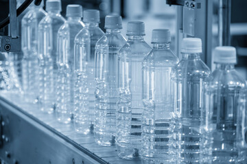 The full filled drinking water bottles  on the conveyor belt in the light blue scene.