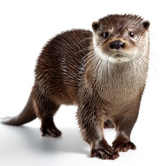 A curious otter stands on a white background, displaying its wet fur and alert expression.