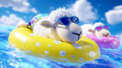 Adorable Sheep Relaxing on Floaties in a Fun Summer Scene