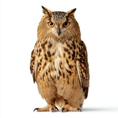 Obraz premium A majestic owl stands upright against a white background, showcasing its striking orange eyes and detailed feather patterns.