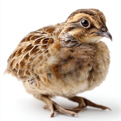 A young quail with brown, patterned feathers stands on a white background, looking alert and curious.