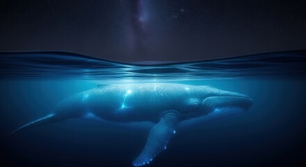 Beluga whale swimming in dark water beneath a starry night sky  