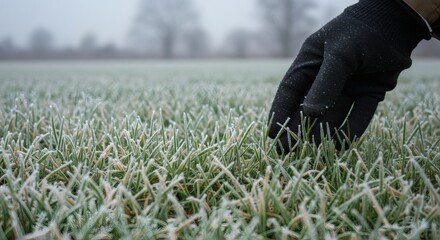 Winters Touch Glove examines frosted grass on a cold with misty morning field.