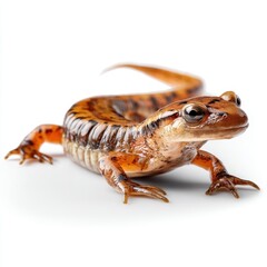 A close-up of a colorful salamander with orange and brown markings on a white background.
